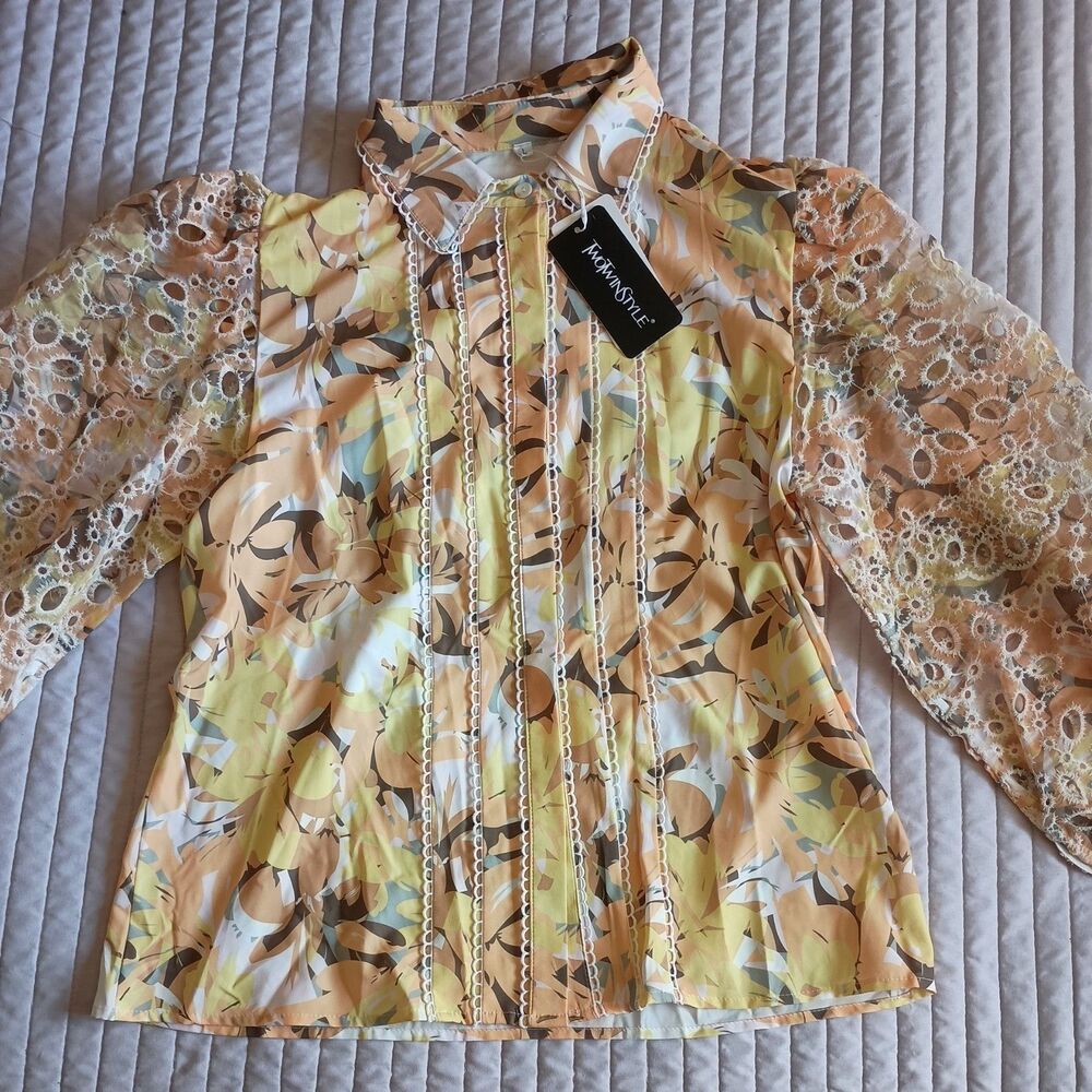 New NWT Two Twin Style Yellow Puff Open Sleeve Button Down Top Classic Size XL